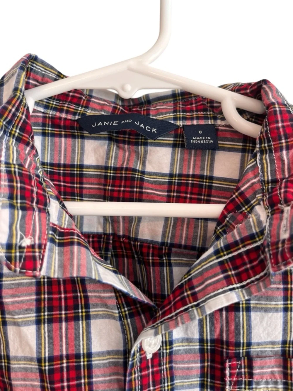 Janie and Jack Boys Plaid Button Down Shirt Size 8 Red White Long Sleeve Preppy